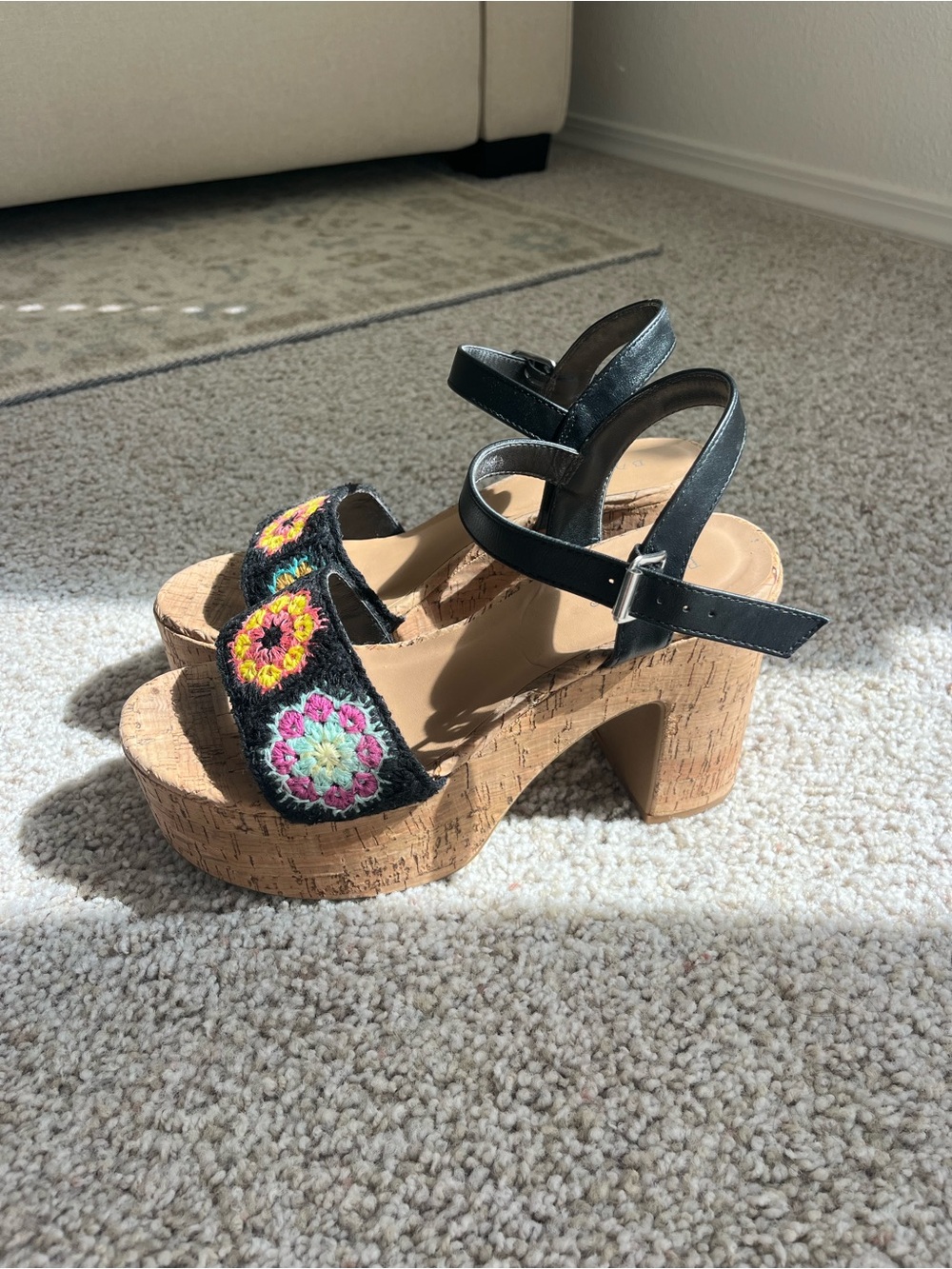 Black Embroidered Crochet Platform Heels